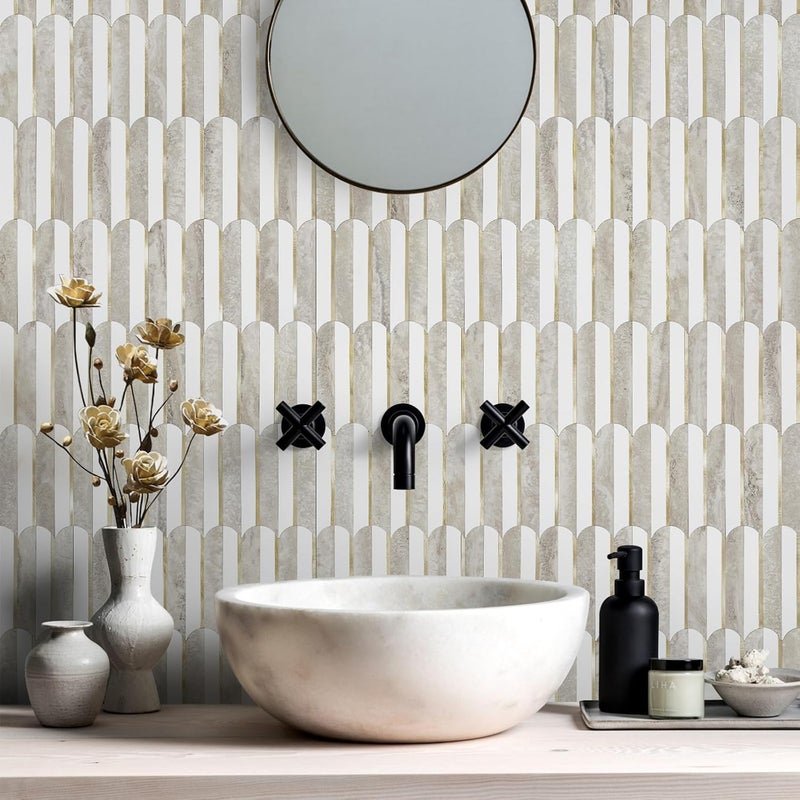 Vamos Tile Vamos Peel and Stick Backsplash Seamless Tile for Kitchen and Bathroom,White and Beige Slate PVC Mixed Light Gold Self Adhesive Fish Scale Metal Mosaic Tiles (10 Sheets) - Image 5